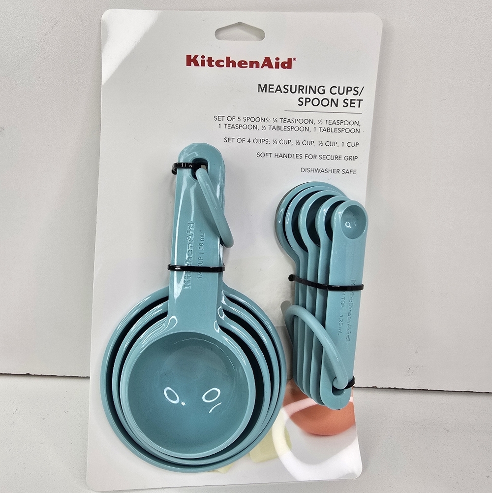 KitchenAid Measuring Cups and Spoon Set Aqua with Soft Black Grips 9 Piece